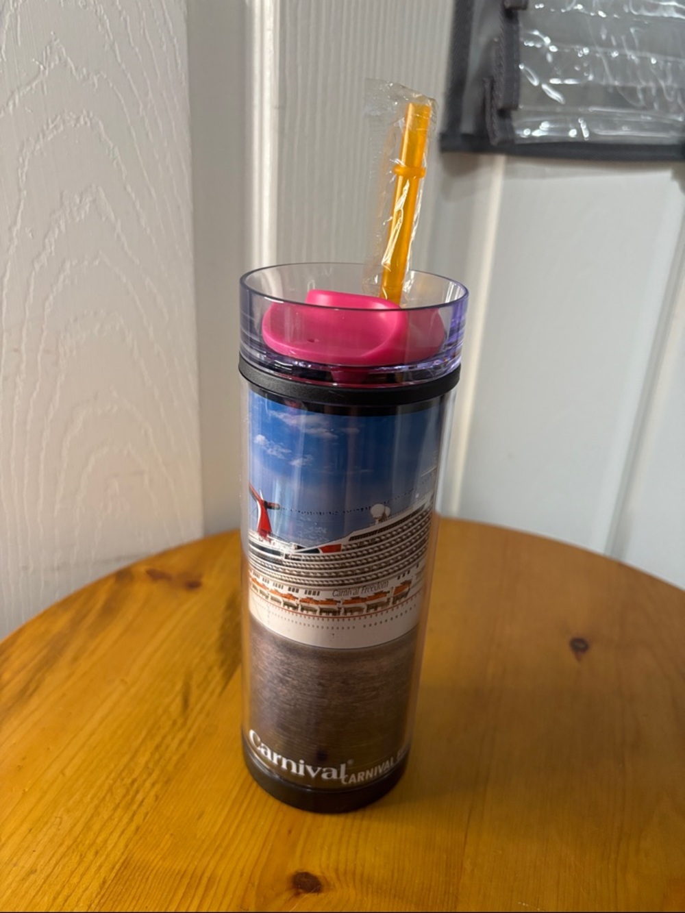 Carnival Cruise Insulated Tumbler - Pink Lid, Yellow Straw NWOT